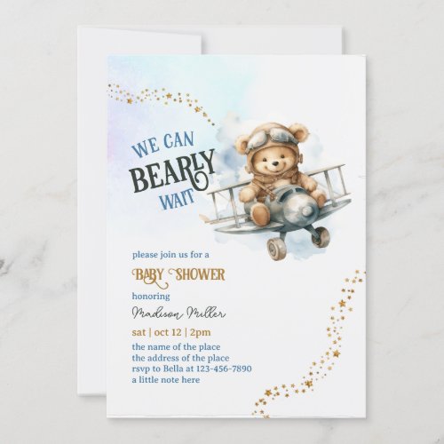  Cute Teddy Bear Airplane Baby Boy Shower Invitation