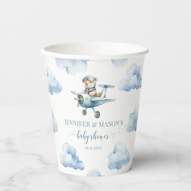 Cute teddy bear airplane baby boy shower Paper cup (Front)