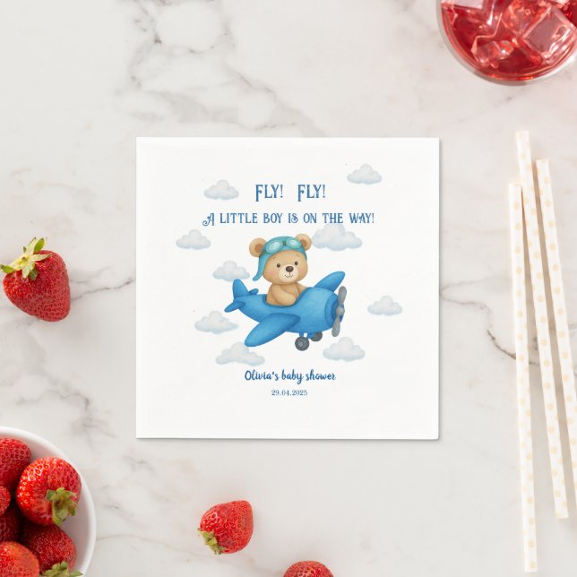 Cute Teddy Bear Airplane Baby Shower Paper Napkin (Insitu)