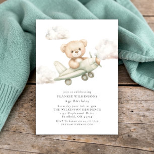 Cute Teddy Bear Airplane Watercolor Birthday Invitation