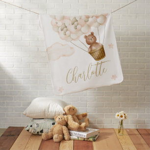 Cute Teddy Bear And Balloons Gold Script Baby Blanket