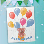 Cute Teddy Bear and Balloons Kid`s Name Jigsaw Puzzle<br><div class="desc">Cute Teddy Bear and Balloons Kid`s Name jigsaw puzzle. Balloons in blue,  red,  pink and yellow colors. Cute teddy bear drawing. Add your name.</div>