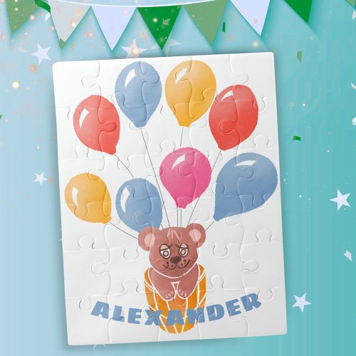 Cute Teddy Bear and Balloons Kids Name Jigsaw Puzzle