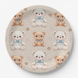 Cute Teddy Bear and Blue Bows Seamless Pattern Paper Plates