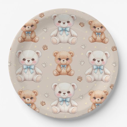 Cute Teddy Bear and Blue Bows Seamless Pattern Paper Plates