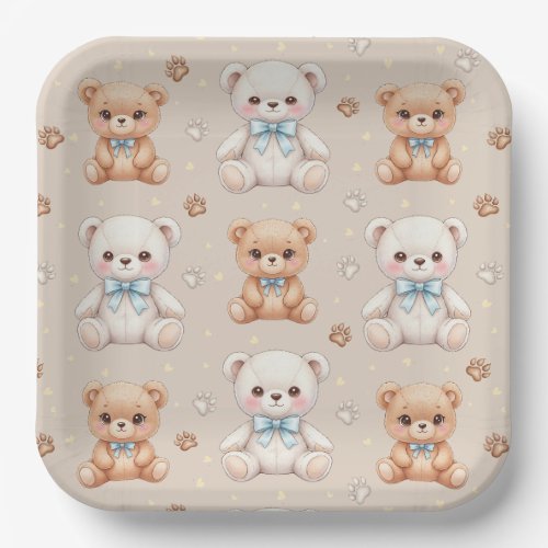 Cute Teddy Bear and Blue Bows Seamless Pattern Paper Plates