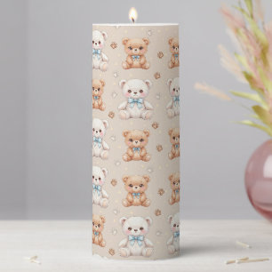Cute Teddy Bear and Blue Bows Seamless Pattern Pillar Candle