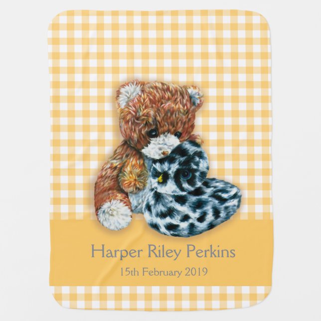 Cute teddy bear and duck drawing custom blanket (Front)