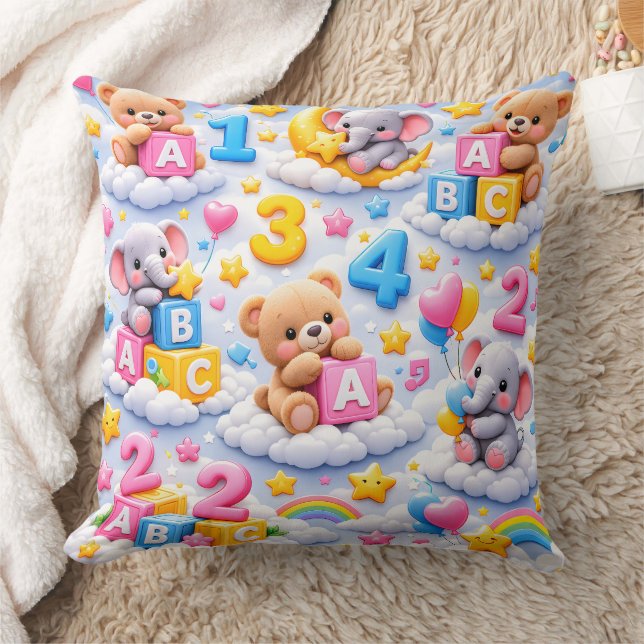 Cute teddy bear and elephant a Numbers throw cushi Pillow (Blanket)