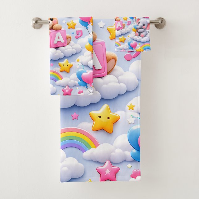 Cute teddy bear and elephant ABC numbers towel set (Insitu)