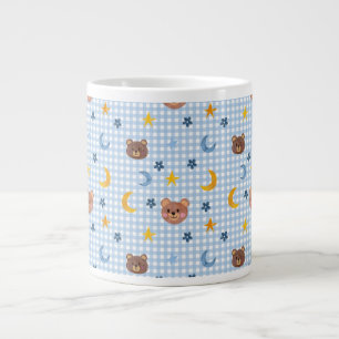 Cute Teddy Bear and Moon Pattern on Blue Gingham  Giant Coffee Mug