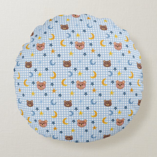Cute Teddy Bear and Moon Pattern on Blue Gingham  Round Pillow (Front)