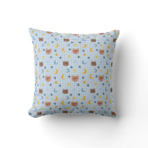 Cute Teddy Bear and Moon Pattern on Blue Gingham