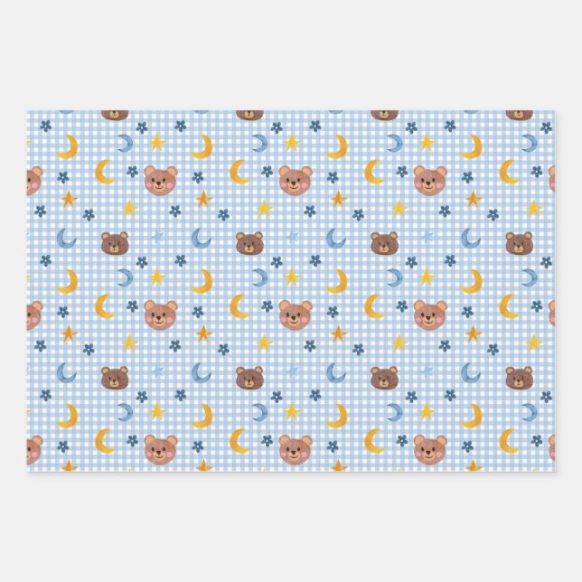 Cute Teddy Bear and Moon Pattern on Blue Wrapping Paper Sheets (Front)