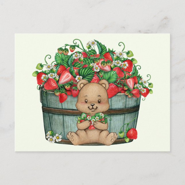 Cute Teddy Bear and Rustic Strawberry Basket  Postcard (Front)
