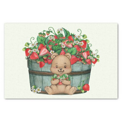 Cute Teddy Bear and Rustic Strawberry Basket  Tissue Paper