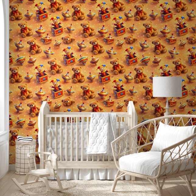 Cute teddy bear and spinning top pattern warm vint wallpaper  (Kids)