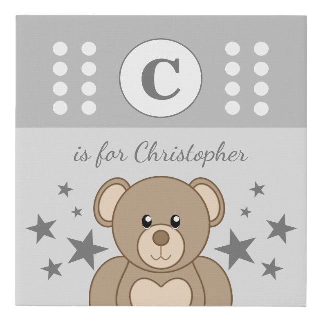 Cute teddy bear and stars name grey and white faux canvas print (Front)