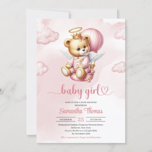 Cute Teddy bear angel hot air balloon girl Invitation