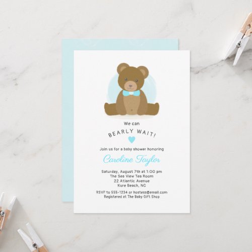 Cute Teddy Bear Aqua Blue Bow Tie Baby Boy Shower  Invitation