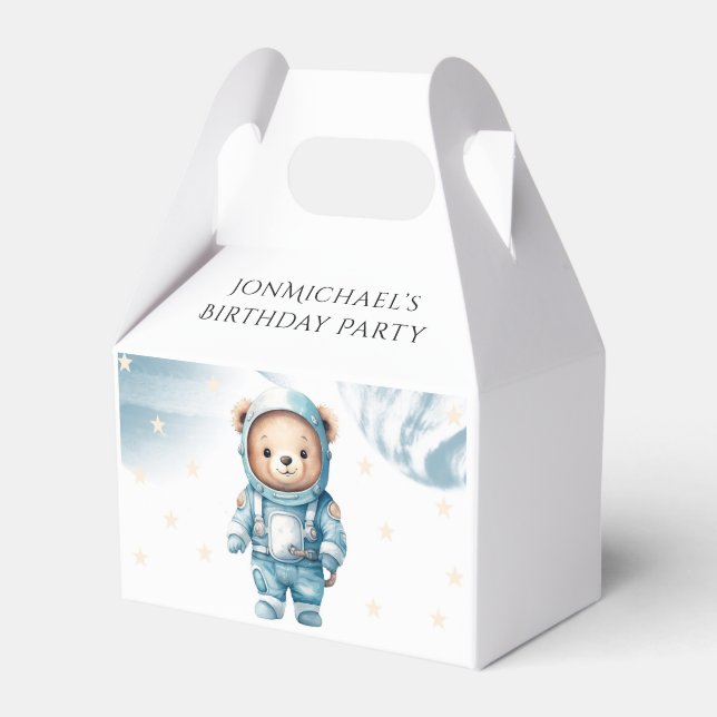 Cute Teddy Bear Astronaut Birthday Party Favor Boxes (Front Side)