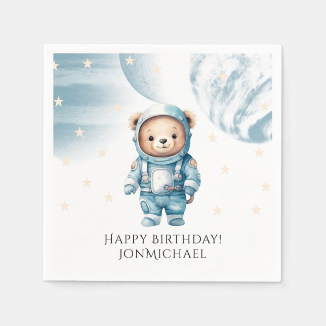 Cute Teddy Bear Astronaut Birthday Party Napkins (Front)
