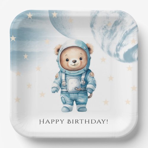 Cute Teddy Bear Astronaut Birthday Party Paper Plates