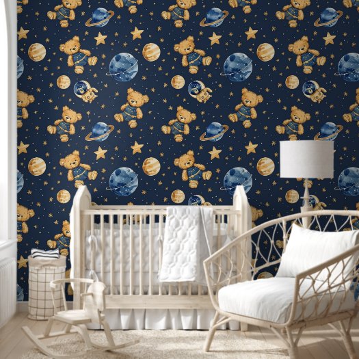 Cute Teddy Bear Astronaut in Galaxy Blue Nursery