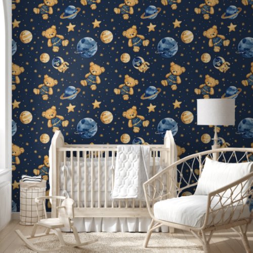 Cute Teddy Bear Astronaut in Galaxy Blue Nursery Wallpaper