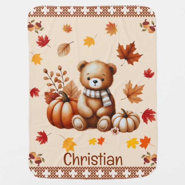 Cute Teddy Bear Autumn Boho Customizable Baby Blanket (Front)