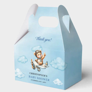 Cute Teddy Bear Aviator Airplane Blue Brown Shower Favor Boxes