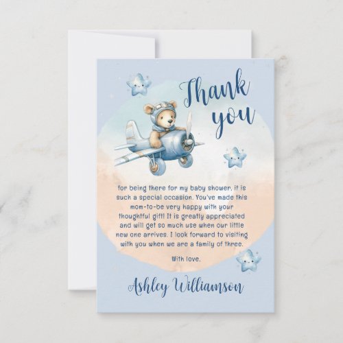 Cute Teddy Bear Aviator Baby Shower Thank You Card