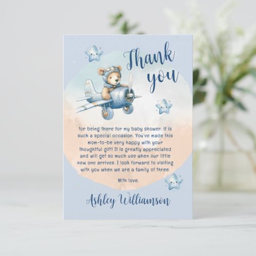 Cute Teddy Bear Aviator Baby Shower Thank You Card