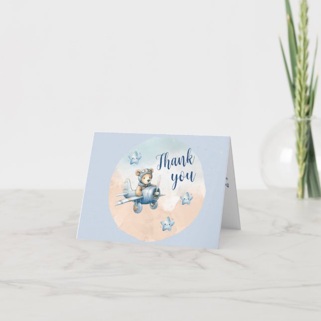 Cute Teddy Bear Aviator Baby Shower Thank You Card (Front)