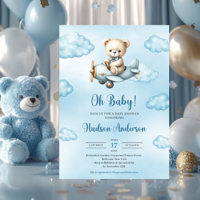 Cute teddy bear aviator boy baby shower invitation (cute teddy bear pilot in airplane boy baby shower invitation downloadable)
