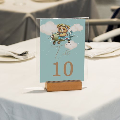 Cute Teddy Bear Baby Airplane Pilot Table Number