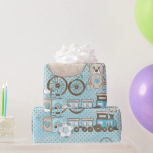 Cute teddy bear baby boy shower blue wrapping paper