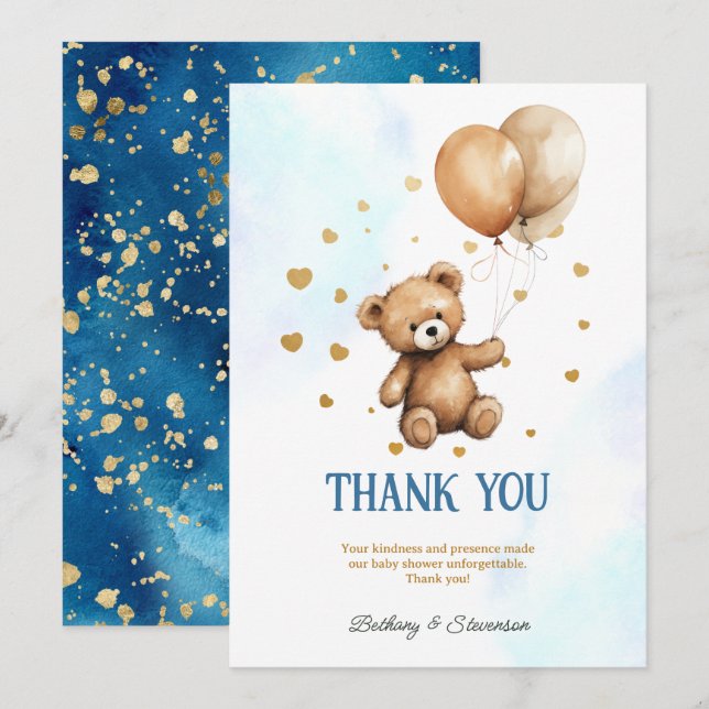 Cute Teddy Bear Baby Boy Shower Thank You Card (Front/Back)