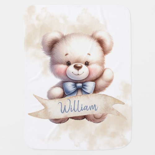 Cute Teddy Bear Baby Boy Watercolor Baby Blanket