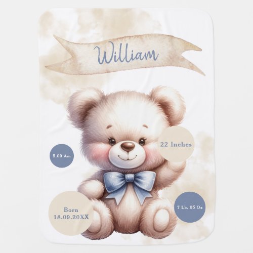 Cute Teddy Bear Baby Boy Watercolor Birth Stats Baby Blanket