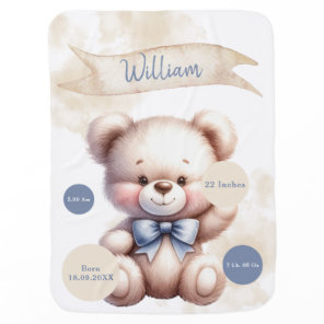 Cute Teddy Bear Baby Boy Watercolor Birth Stats Blanket