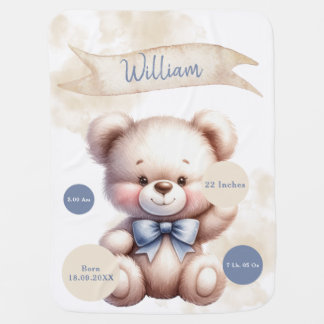 Cute Teddy Bear Baby Boy Watercolor Birth Stats Blanket