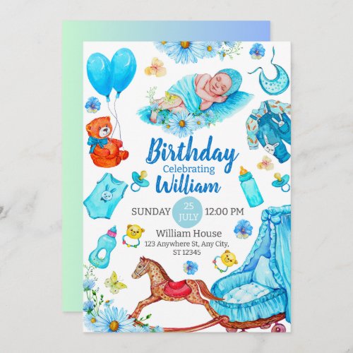 Cute Teddy Bear Baby Boys Birthday Party Gifts Invitation