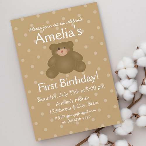 Cute Teddy Bear Baby First Birthday Invitation