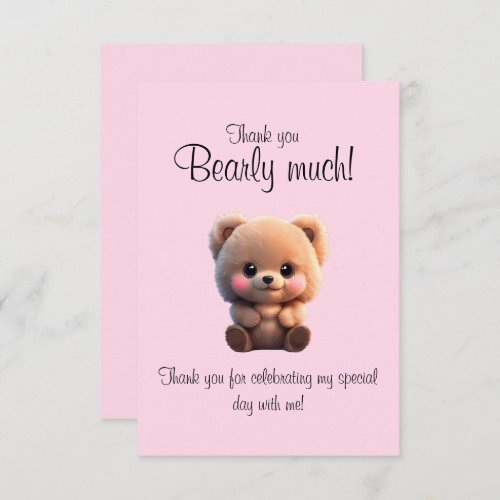 Cute teddy bear baby girl 1st birthday  thank you card