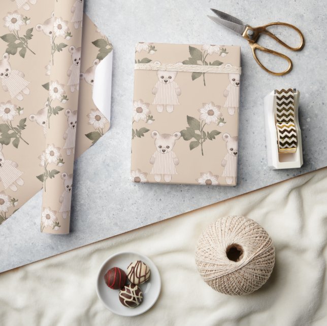 Cute Teddy Bear Baby Girl  Baby Shower Wrapping Paper (Crafts)