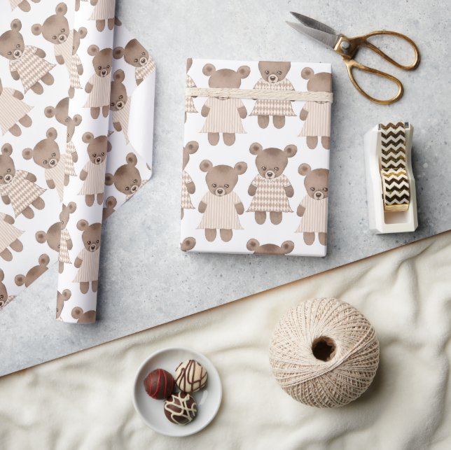 Cute Teddy Bear Baby Girl in Dress Baby Shower Wrapping Paper (Crafts)