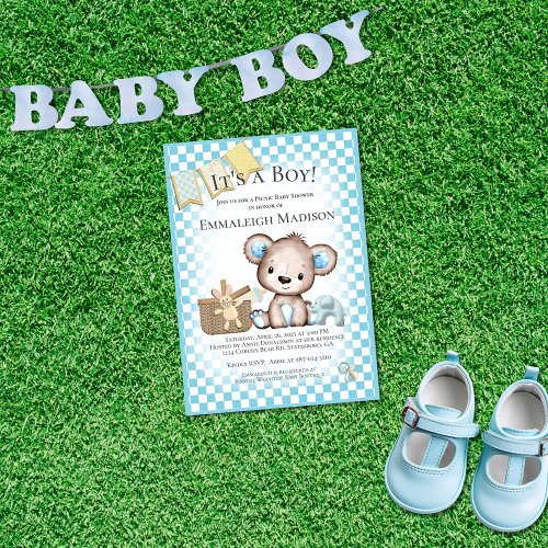 Cute Teddy Bear Baby Picnic Blue Baby Shower Invitation