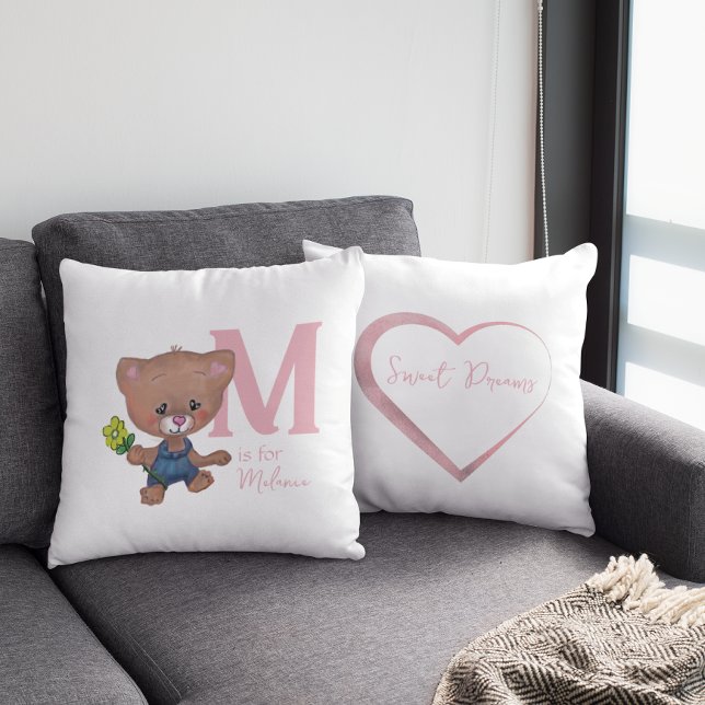 Cute Teddy Bear Baby Pink White Throw Pillow (Cute Teddy bear white flower Throw Pillow)