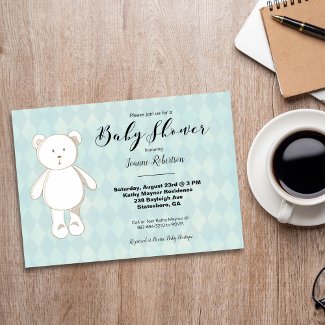 Cute Teddy Bear Baby Shower | Aqua Blue Argyle